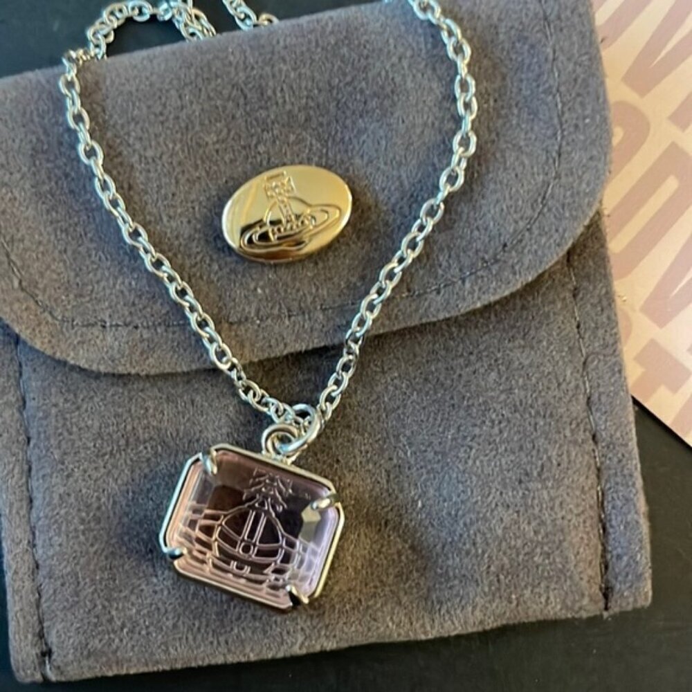 Vivienne Westwood Orb Logo Necklace Silver Saturn Pendant Square Charm
